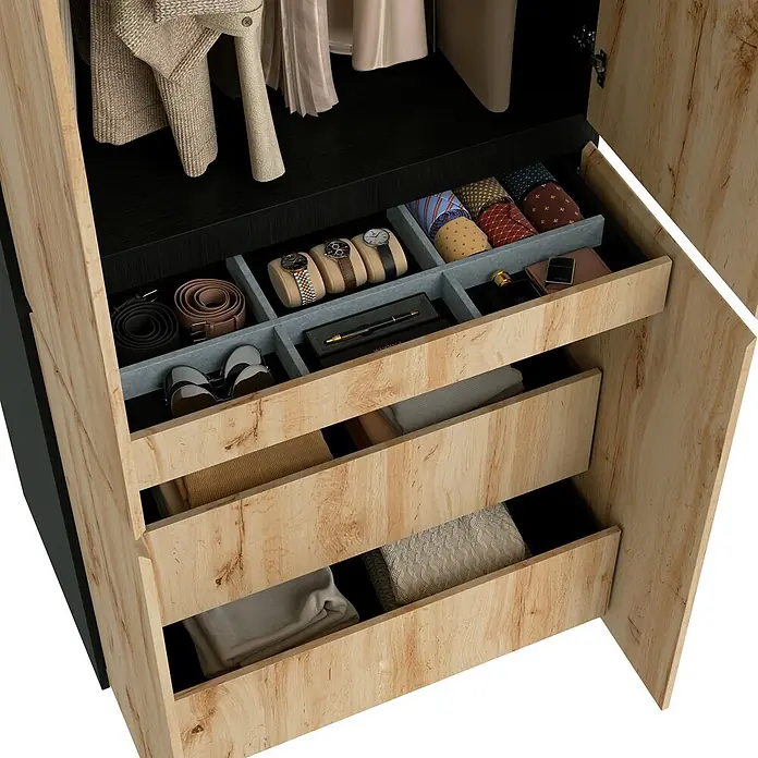 SONNENH Kleiderschrank mit Schmuckschublade, Eichenoptik/Schwarz -  - Kleiderschrank-Innenraum mit hellen Holzschubladen und schwarzen Böden, mit Fächern für Uhren, Krawatten, Gürtel und Kleidung.
