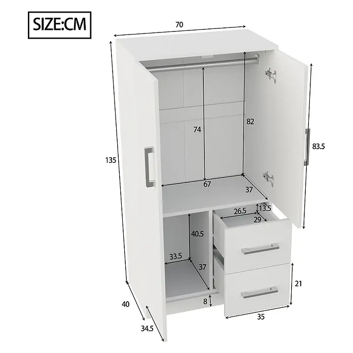 SONNENH Kleiderschrank - Weiß - Weißer Kleiderschrank mit zwei Türen, Kleiderstange, Ablagefächern und zwei Schubladen, komplett bemaßt.