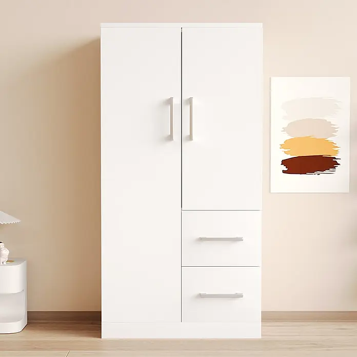 SONNENH Kleiderschrank - Weiß - Weißer Kleiderschrank mit zwei Türen und zwei Schubladen.