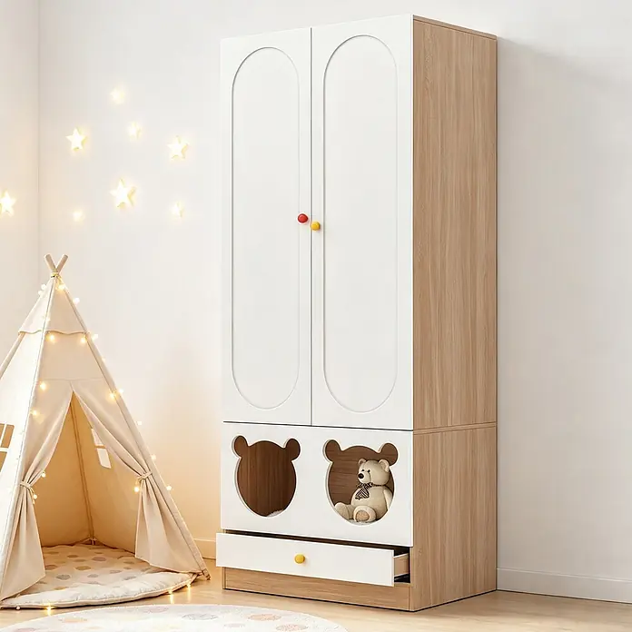 SONNENH Kleiderschrank - Weiß/Holzoptik - Weißer und holzfarbener Kinderschrank mit zwei Türen, zwei bärenförmigen offenen Fächern und einer Schublade, ideal für ein Kinderzimmer.