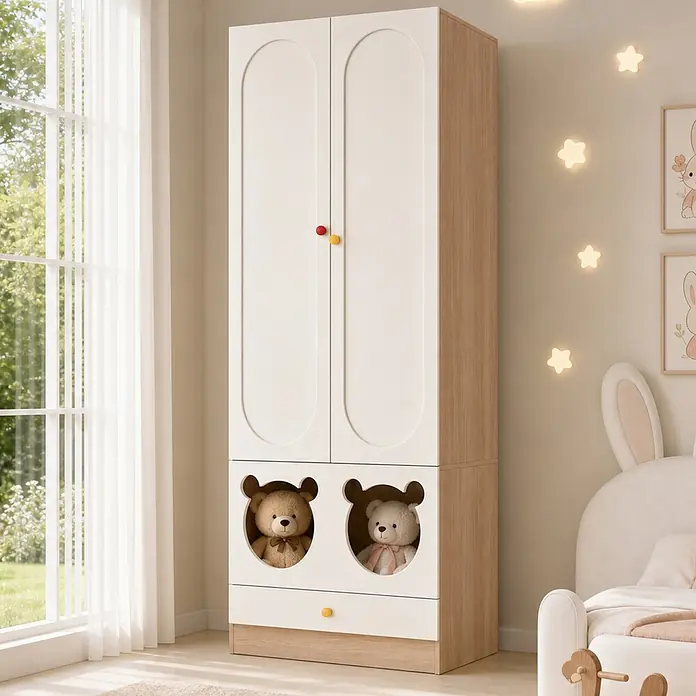 SONNENH Kleiderschrank - Weiß/Holzoptik - Weißer und heller Kinderkleiderschrank aus Holz mit bunten Knöpfen, bärenförmigen Fächern mit Teddybären und einer Schublade.