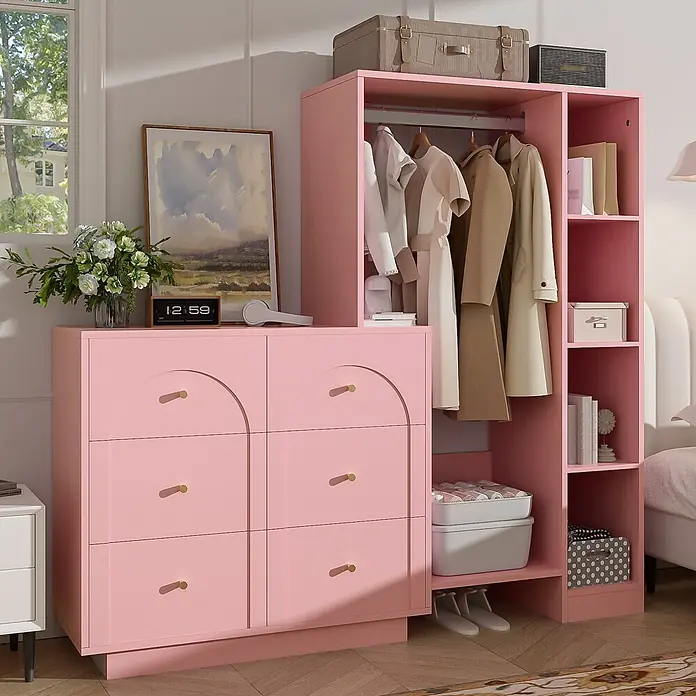 SONNENH Offener Kleiderschrank mit 6 Schubladen, Rosa -  - Rosa Kleiderschrank und Kommode mit goldenen Griffen, bietet Kleiderstange, Regale und Schubladenstauraum für ein Schlafzimmer.