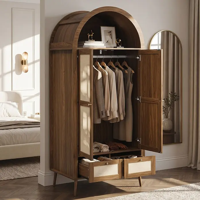 SONNENH Kleiderschrank mit Bogenabschluss, Walnussoptik/Beige -  - Kleiderschrank aus Nussbaumholz mit gewölbter Oberseite, geöffneten Türen mit Kleidung und offenen Schubladen mit Rattan-Details in einem Schlafzimmer.