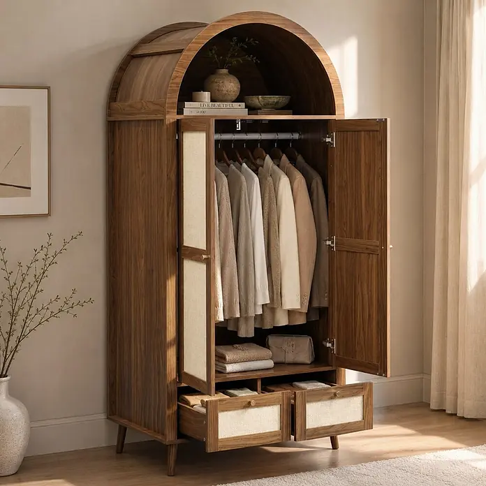 SONNENH Kleiderschrank mit Bogenabschluss, Walnussoptik/Beige -  - Dunkler Holzschrank mit gewölbter Oberseite und Stoffschubladen, gefüllt mit Kleidung, in einem Raum.