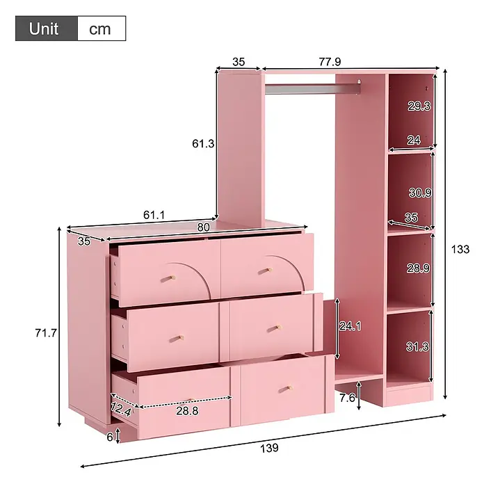 SONNENH Offener Kleiderschrank mit 6 Schubladen, Rosa -  - Rosa Kleiderschrank- und Kommodenkombination mit Kleiderstange, Schubladen und Regalen, detailliert mit Maßen in cm.