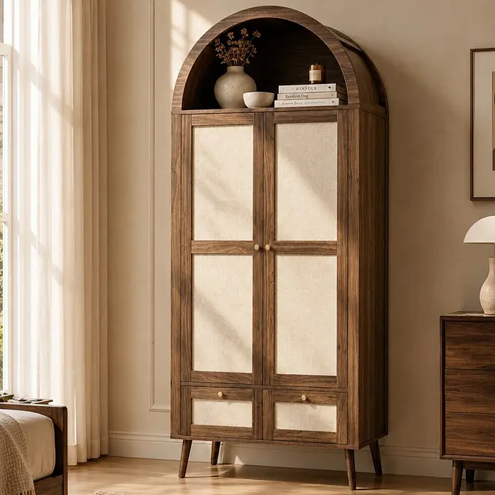 SONNENH Kleiderschrank mit Bogenabschluss, Walnussoptik/Beige -  - Dunkler Holzschrank mit gewölbtem Oberteil, Türen mit Gewebeeinsätzen und zwei Schubladen, auf Beinen in einem Schlafzimmer.