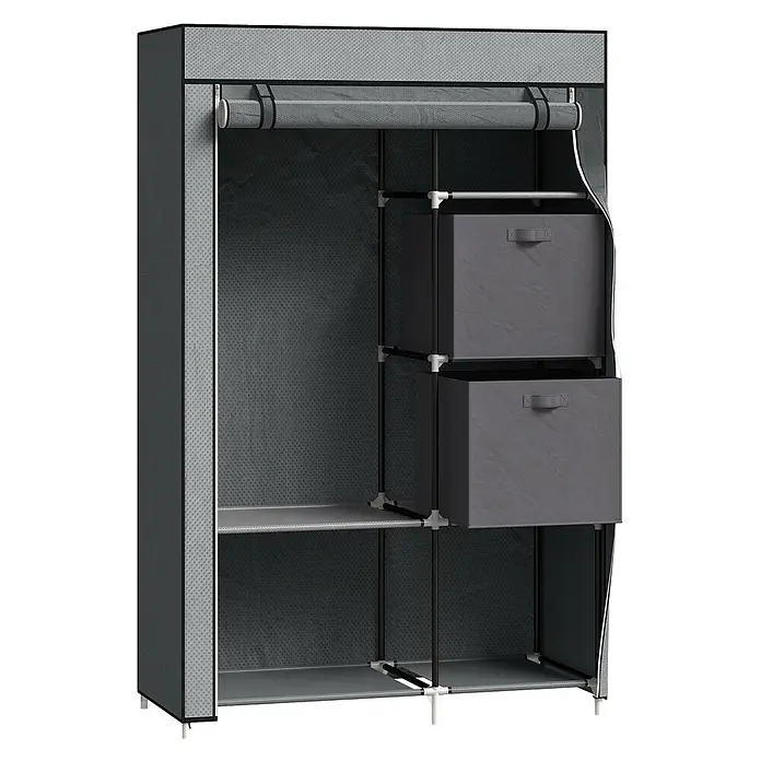 SONNENH Kleiderschrank - Dunkelgrau - Grauer tragbarer Kleiderschrank mit aufgerollter Stoffabdeckung, schwarzem Rahmen, Kleiderstange, Regalen und zwei grauen Stoffaufbewahrungsboxen.
