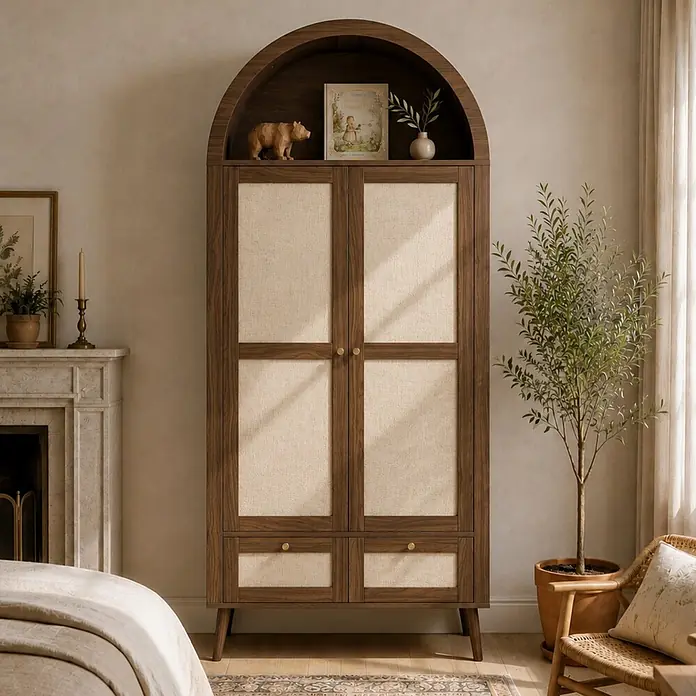 SONNENH Kleiderschrank mit Bogenabschluss, Walnussoptik/Beige -  - Gebogener Kleiderschrank aus dunklem Holz mit hellen Stoffpaneelen und Messinggriffen in einem gemütlichen Schlafzimmer.