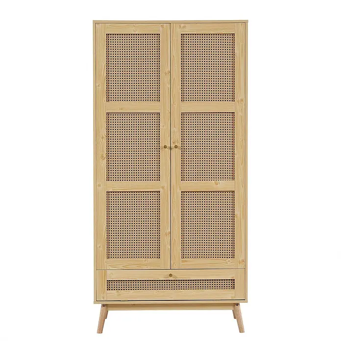 SONNENH Kleiderschrank - Natur - Kleiderschrank aus hellem Naturholz mit vier Rattanfeldern an zwei Türen, einer Schublade mit Rattan und konischen Holzbeinen.