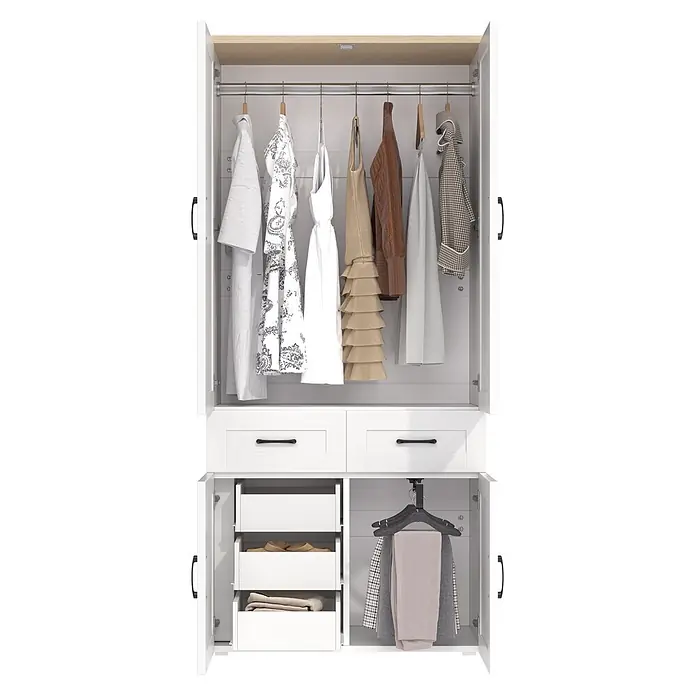 SONNENH Kleiderschrank - Weiß - Offener weißer Kleiderschrank mit Kleiderstange, zwei Schubladen und unteren Fächern mit Körben und zusätzlichem Aufhängeraum.