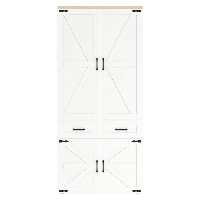 SONNENH Kleiderschrank - Weiß - Weißer Schrank im Scheunentor-Stil mit schwarzen Beschlägen und heller Holzplatte. Mit Türen und zwei Schubladen für vielseitigen Stauraum.