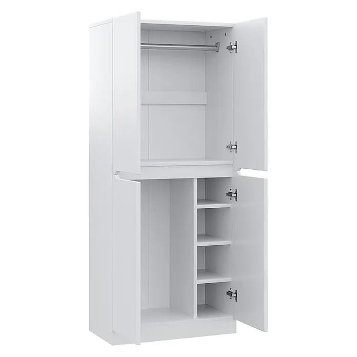 SONNENH Kleiderschrank mit Hängefach und Ablagefächern, Weiß -  - Weißer Kleiderschrank mit offenen Türen, Kleiderstange im oberen und Regalen im unteren Fach.