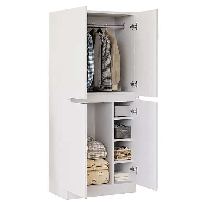 SONNENH Kleiderschrank mit Hängefach und Ablagefächern, Weiß -  - Weißer Kleiderschrank mit offenen Türen, Kleiderstange und Regalböden mit Aufbewahrungsboxen und Textilien.
