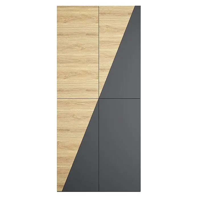 SONNENH Kleiderschrank - Holzoptik/Grau - Modulare Paneele oder Schranktüren mit diagonalem Zweifarbendesign in heller Holzoptik und mattem Dunkelgrau.