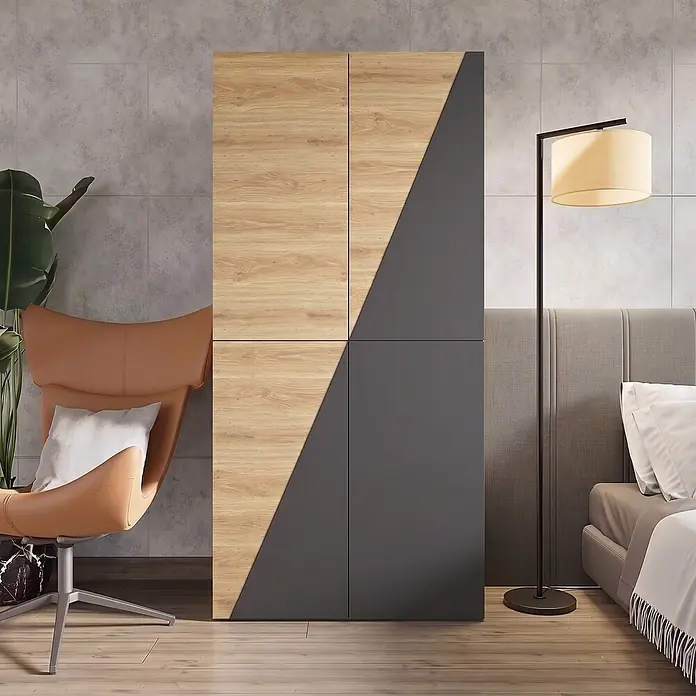 SONNENH Kleiderschrank - Holzoptik/Grau - Moderner Kleiderschrank mit diagonal geteilten Türen in Holz-Optik und Dunkelgrau, bietet stilvollen Stauraum im Schlafzimmer.