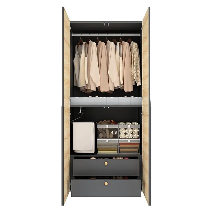 SONNENH Kleiderschrank - Holzoptik/Grau - Offener Kleiderschrank mit hellen Holztüren und dunkelgrauem Innenraum, mit Kleiderstange, Schubladen und transparenten Aufbewahrungsboxen.