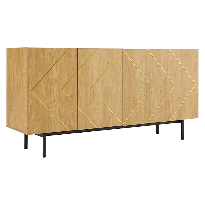 SONNENH Kommode - Natur - Helles Holz Sideboard mit goldenen geometrischen Akzenten auf den Türen, gestützt von schwarzen Metallbeinen.