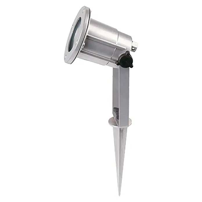 Starlux Splash Foco de jardín LED - 3,2 W, Plateado, IP44, LED - Imagen de un foco de jardín plateado con estaca de tierra. El foco es ajustable y apto para uso en exteriores.