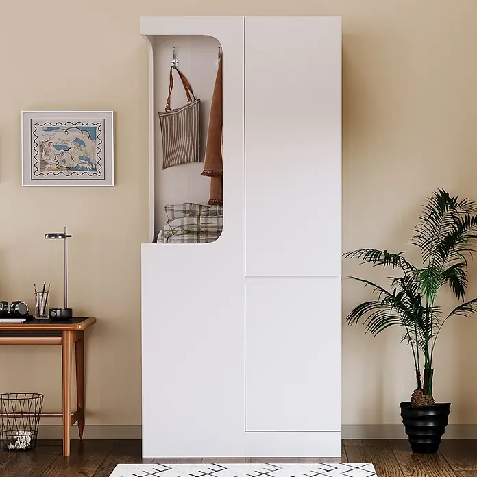 SONNENH Kleiderschrank - Weiß - Weißer Flurbaum mit offener Garderobe für Mäntel und Taschen sowie geschlossenen Schränken.