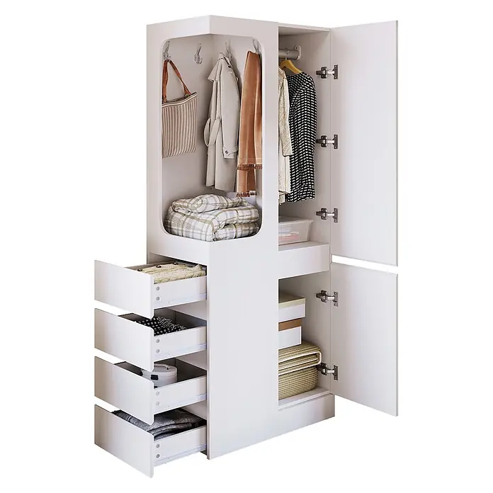 SONNENH Kleiderschrank - Weiß - Weißer Kleiderschrank mit offenen Türen und Schubladen, bietet Hängefläche, Regale, Haken und Fächer für organisierte Aufbewahrung.