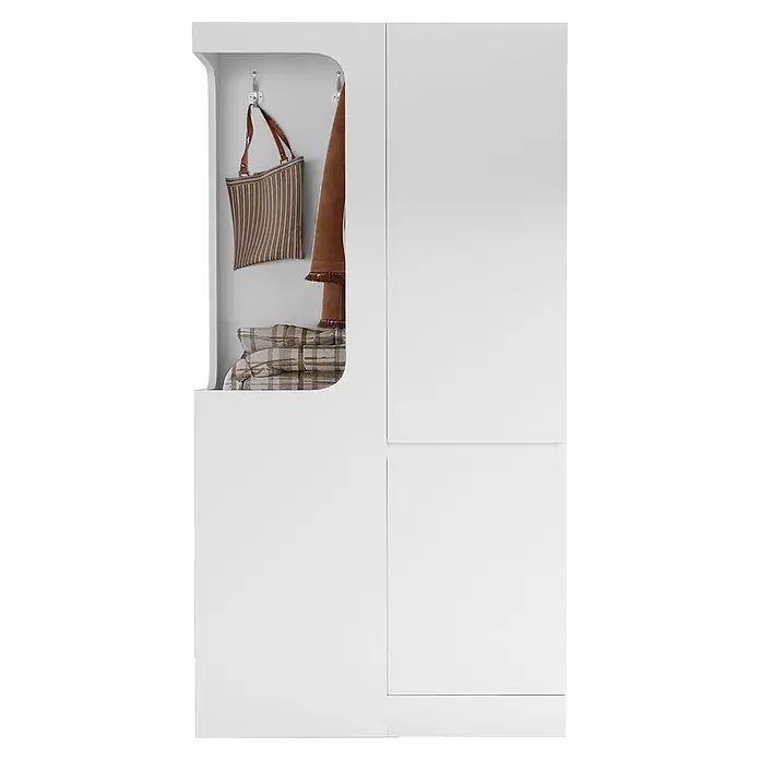 SONNENH Kleiderschrank - Weiß - Weißer Garderobenschrank mit Haken, Staufach und Sitzbank. Mit Tasche, Mantel und karierten Decken.