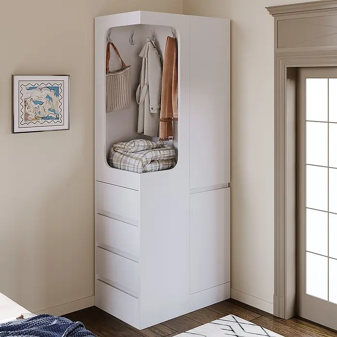SONNENH Kleiderschrank - Weiß - Helle Eckgarderobe mit offener Hängefläche, Haken, Ablage und Schubladen für effiziente Aufbewahrung.