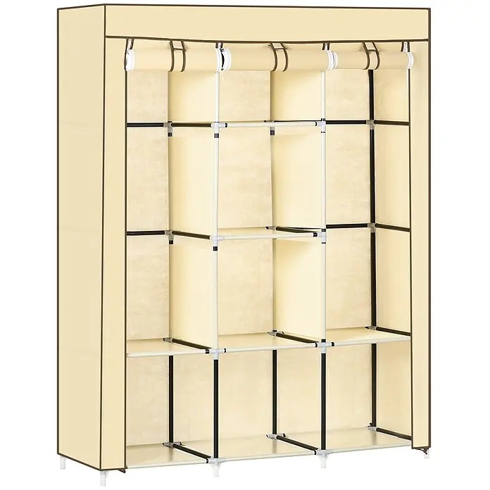 SONNENH Stoff-Kleiderschrank mit 2 Kleiderstangen, Beige -  - Beiger Stoff-Kleiderschrank mit braunem Saum, mehreren Ablagen und hochgerollter Vorderseite zur organisierten Aufbewahrung.