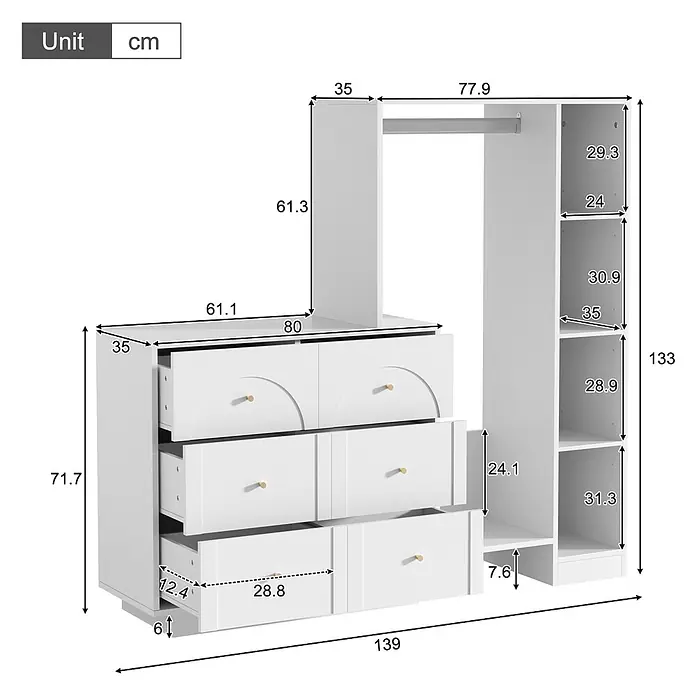 SONNENH Kleiderschrank - Weiß - Weiße Kleiderschrank- und Kommodenkombination mit mehreren Schubladen, Regalböden und einer Kleiderstange, detailliert bemaßt.