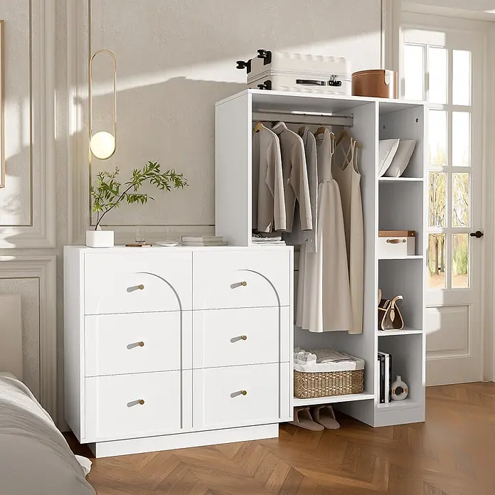 SONNENH Kleiderschrank - Weiß - Weiße Kommode mit 6 Schubladen und offenem Kleiderschrank-Organizer in einem modernen Schlafzimmer, für Kleidung und Accessoires.