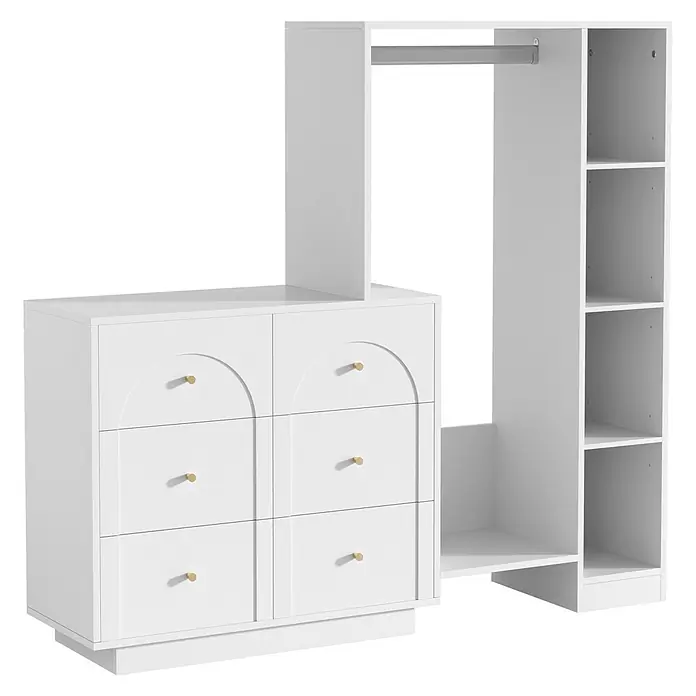 SONNENH Kleiderschrank - Weiß - Weiße Kommode- und offener Kleiderschrank-Kombination mit goldenen Knöpfen, Regalen und einer Kleiderstange.