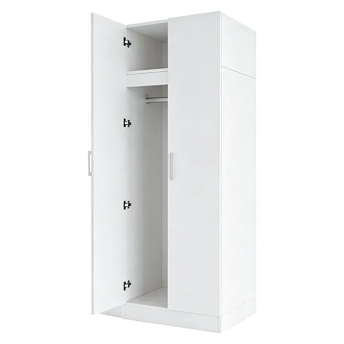 SONNENH Kleiderschrank - Weiß - Weißer zweitüriger Kleiderschrank mit einer offenen Tür, der ein Innenregal und eine Kleiderstange zeigt.
