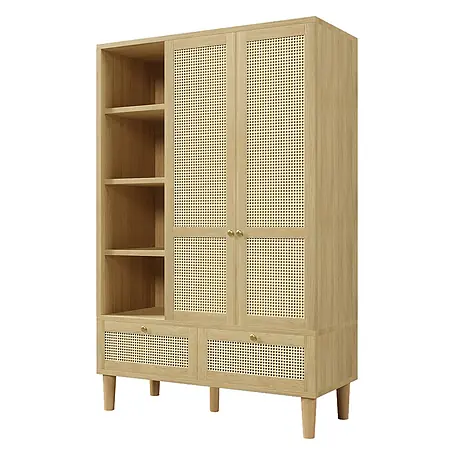 SONNENH Kleiderschrank mit Flechtdekor und Seitenregal, Eichenoptik