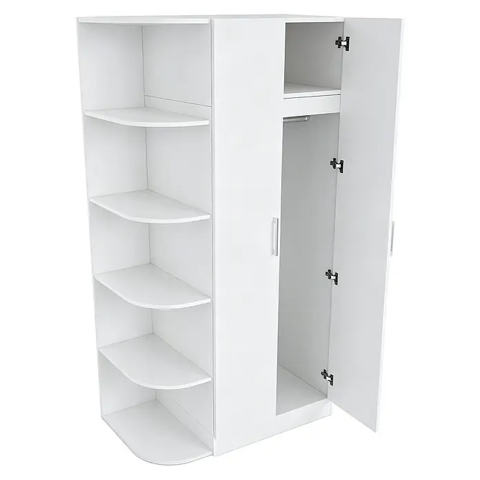 SONNENH Kleiderschrank - Weiß - Weißer Eckschrank mit offenen, geschwungenen Regalböden und einem zweitürigen Schrankteil mit Kleiderstange und Ablage.