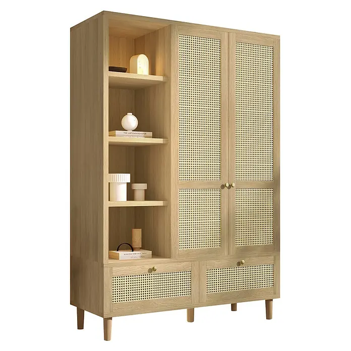 SONNENH Kleiderschrank mit Flechtdekor und Seitenregal, Eichenoptik -  - Heller Holzschrank mit Rattaneinsätzen an Türen und Schubladen, offenen Regalen mit Deko und konischen Beinen.
