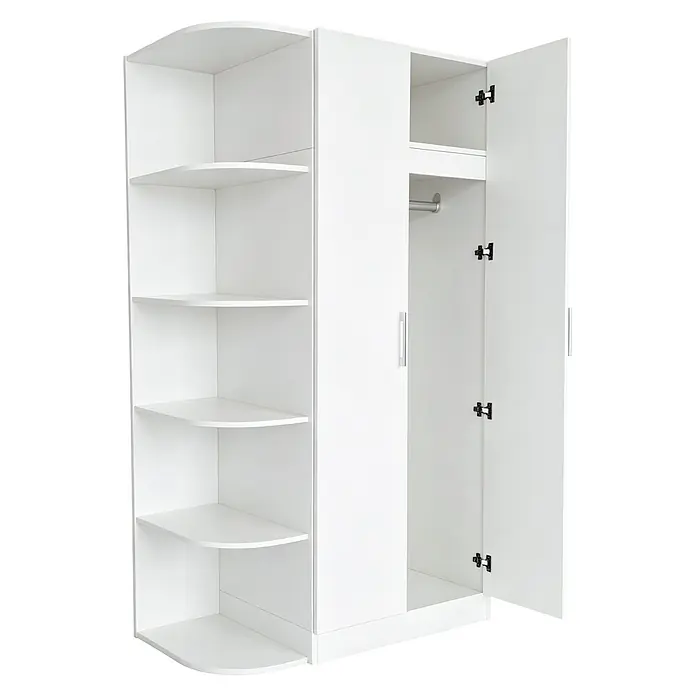 SONNENH Kleiderschrank - Weiß - Weißer Kleiderschrank mit Eckregalen und offenen Türen, die eine Kleiderstange und ein Oberregal zeigen.