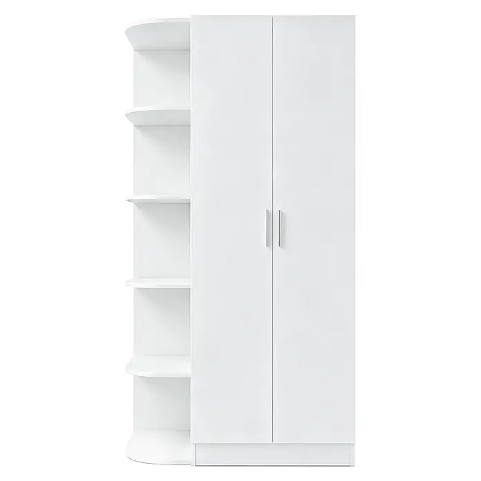 SONNENH Kleiderschrank - Weiß - Weißer Lagerschrank mit zwei Türen, silbernen Griffen und gebogenen offenen Regalen links.