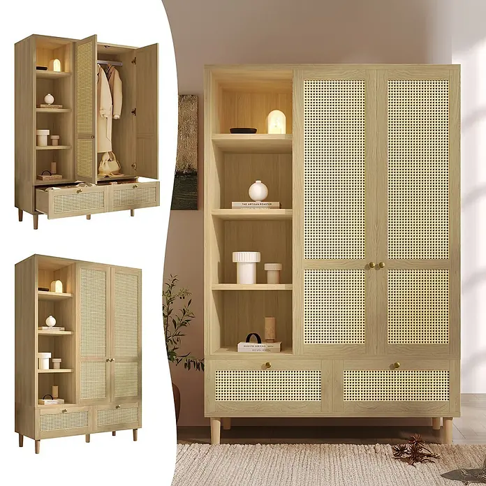 SONNENH Kleiderschrank mit Flechtdekor und Seitenregal, Eichenoptik -  - Kleiderschrank aus hellem Holz und Rattan mit Regalen, Kleiderstange und Schubladen, offen und geschlossen gezeigt.