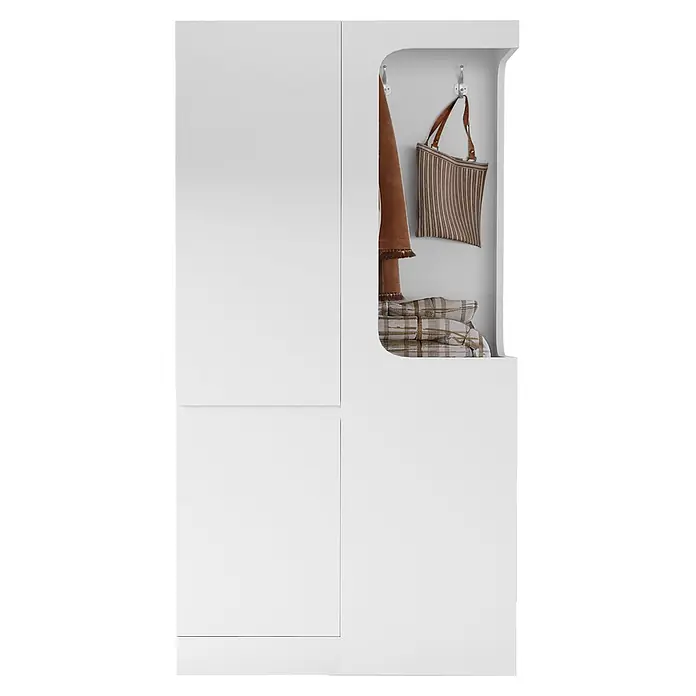 SONNENH Kleiderschrank mit 4 Schubladen und offenem Bereich, Weiß -  - Weißer Garderobenschrank mit Haken für Mäntel und Taschen, integriertem Schrank und offenem Fach mit Textilien.