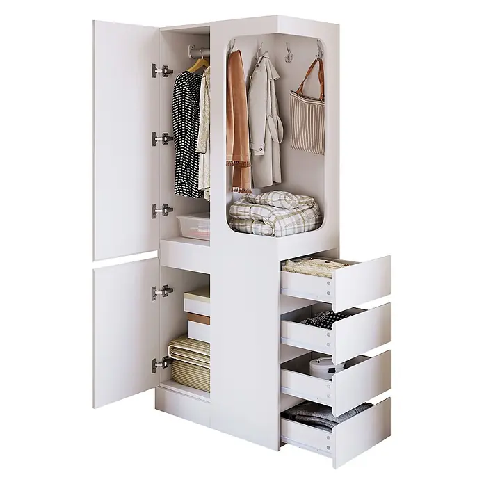 SONNENH Kleiderschrank mit 4 Schubladen und offenem Bereich, Weiß -  - Weißer Kleiderschrank mit offenen Türen und Schubladen, die Kleidung und Accessoires zeigen.