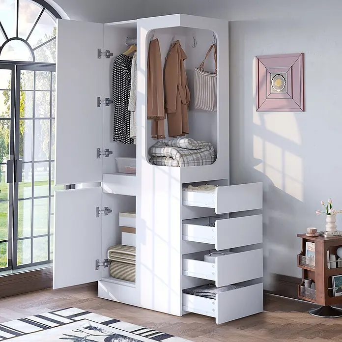 SONNENH Kleiderschrank mit 4 Schubladen und offenem Bereich, Weiß -  - Weißer Modularschrank mit offenen Türen und Schubladen, der organisierte Aufbewahrung für Kleidung und Bettwäsche in einem hellen Raum zeigt.