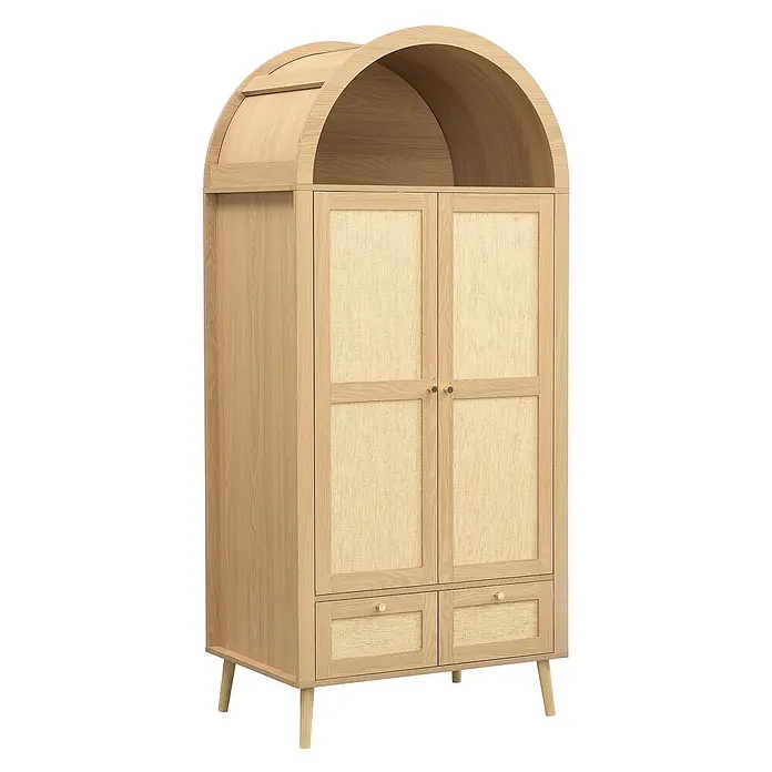 SONNENH Kleiderschrank mit Bogen und PE-Geflecht, Natur -  - Heller Holzschrank mit halbrundem Oberteil, Rohrgeflecht-Türen/-Schubladen und spitz zulaufenden Beinen.