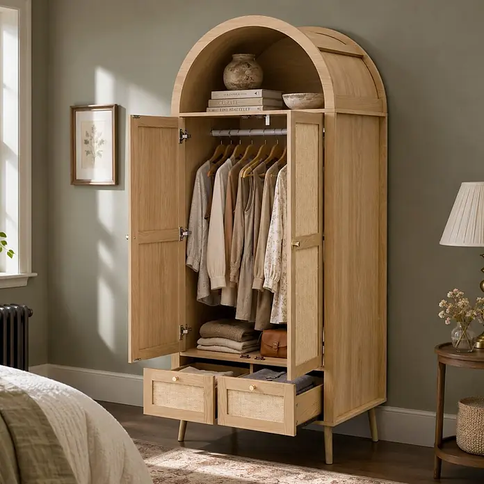 SONNENH Kleiderschrank mit Bogen und PE-Geflecht, Natur -  - Heller Eichenholzschrank mit gewölbtem Oberteil, offenen Türen mit Kleidung und offenen Rattan-Schubladen.