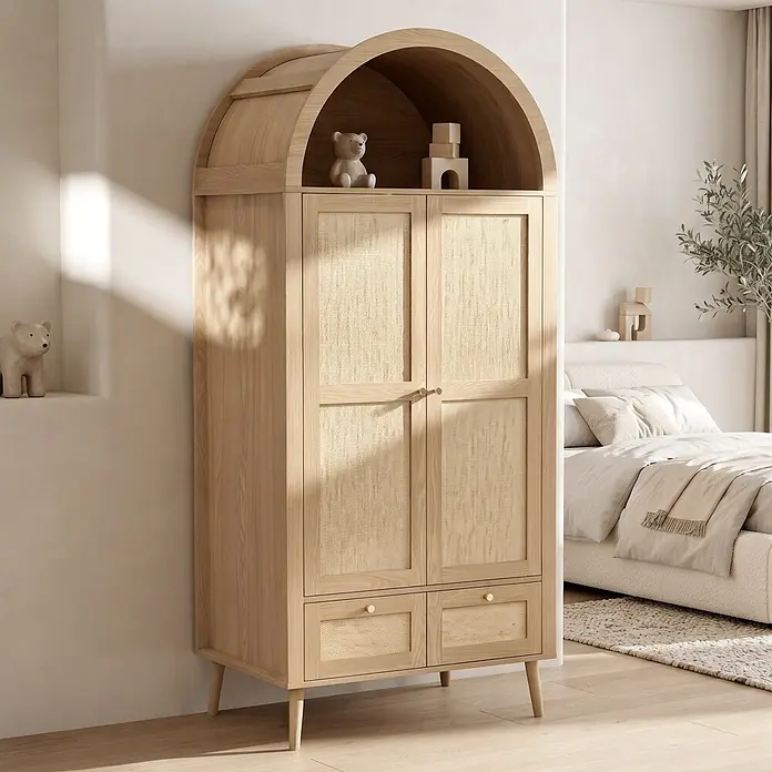 SONNENH Kleiderschrank mit Bogen und PE-Geflecht, Natur -  - Heller Kinderkleiderschrank aus Holz mit Rattantüren und Schubladenfronten, gewölbter oberer Ablage, im Schlafzimmer.