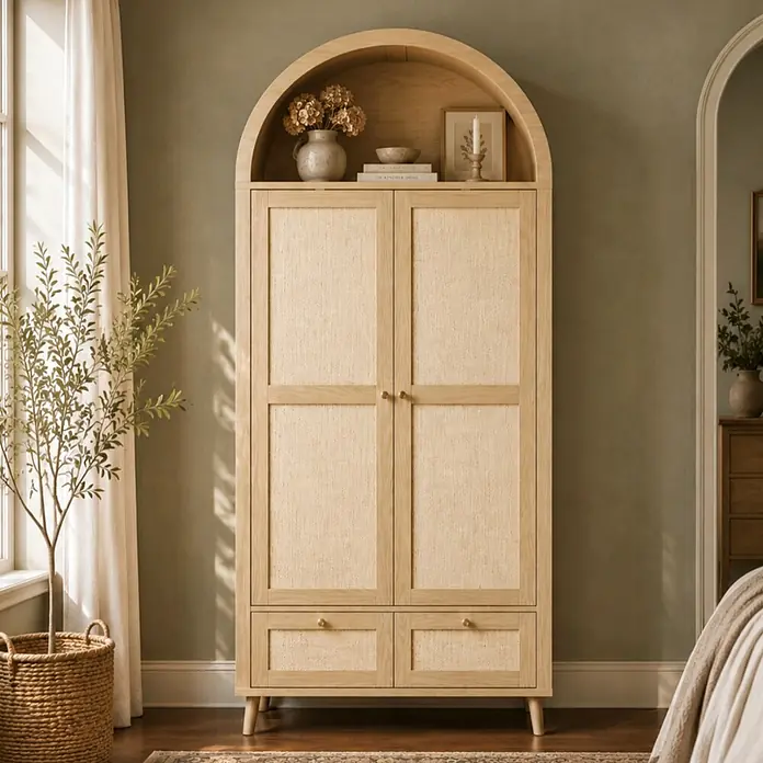 SONNENH Kleiderschrank mit Bogen und PE-Geflecht, Natur -  - Heller Holzschrank mit gewölbter Oberseite, geflochtenen Korbtüren und Schubladen, in einem Raum stehend.