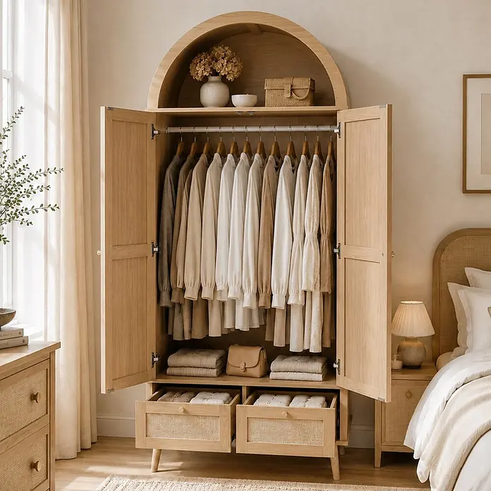 SONNENH Kleiderschrank mit Bogen und PE-Geflecht, Natur -  - Heller Holzschrank mit gewölbter Ablage und Rattan-Schubladenfronten, geöffnet mit hängender und gefalteter Kleidung, im Schlafzimmer.