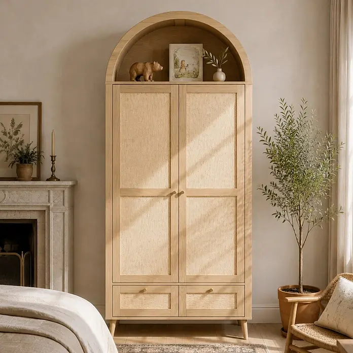 SONNENH Kleiderschrank mit Bogen und PE-Geflecht, Natur -  - Heller Holzschrank mit Bogen und Rohrgeflecht-Türen und Schubladen im Schlafzimmer.