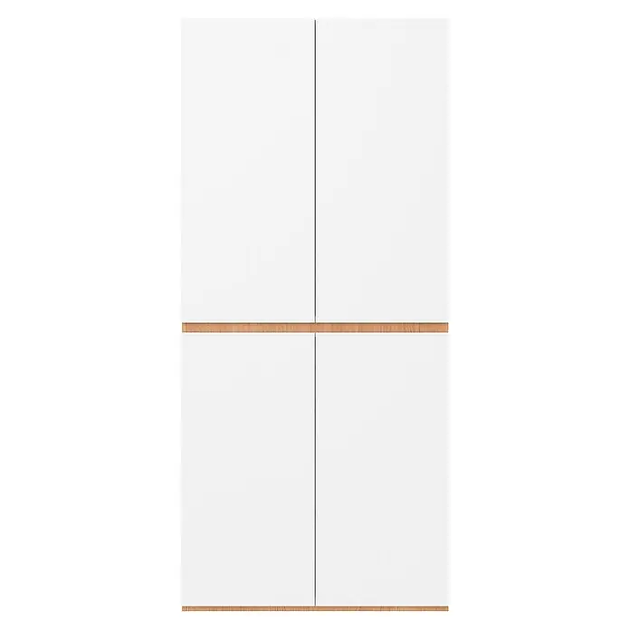 SONNENH Kleiderschrank - Weiß/Eichenoptik - Weißes modulares Aufbewahrungselement mit hellen Holzquerlinien, das vier separate Bereiche bildet.