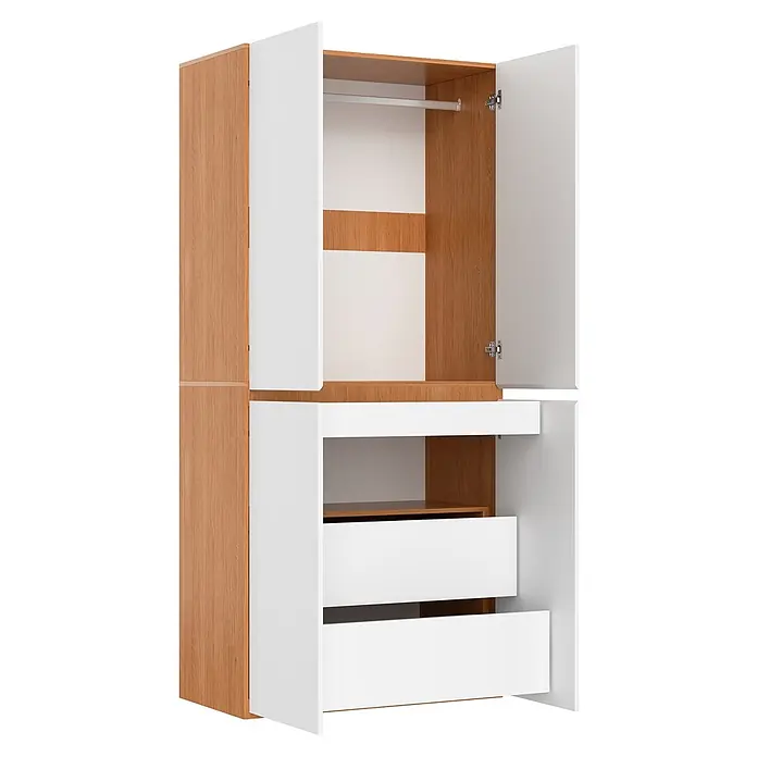 SONNENH Kleiderschrank - Weiß/Eichenoptik - Zweifarbiger Kleiderschrank in heller Holzoptik und Weiß, mit offenen Türen, Kleiderstange und Fächern, sowie teils geöffneten Schubladen.
