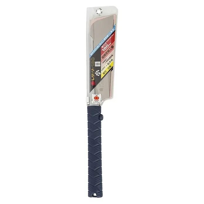 Famex Japansäge - Länge: 180 mm, Stahl - Japanische Zugsäge mit dunkelblauem, ergonomischem Griff, in transparenter Verpackung mit Produktinformationen und silberner Klinge.