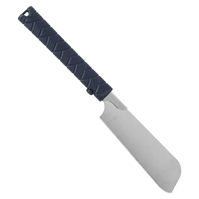 Famex Japansäge - Länge: 180 mm, Stahl - Eine Klappsäge mit silberner Klinge und strukturiertem dunkelblauem Griff für Holzarbeiten.